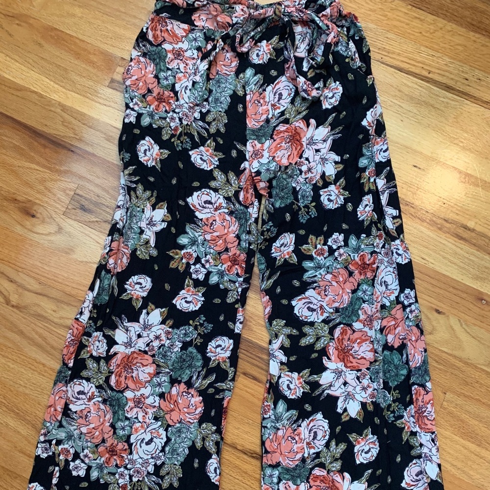Black floral wide leg pants